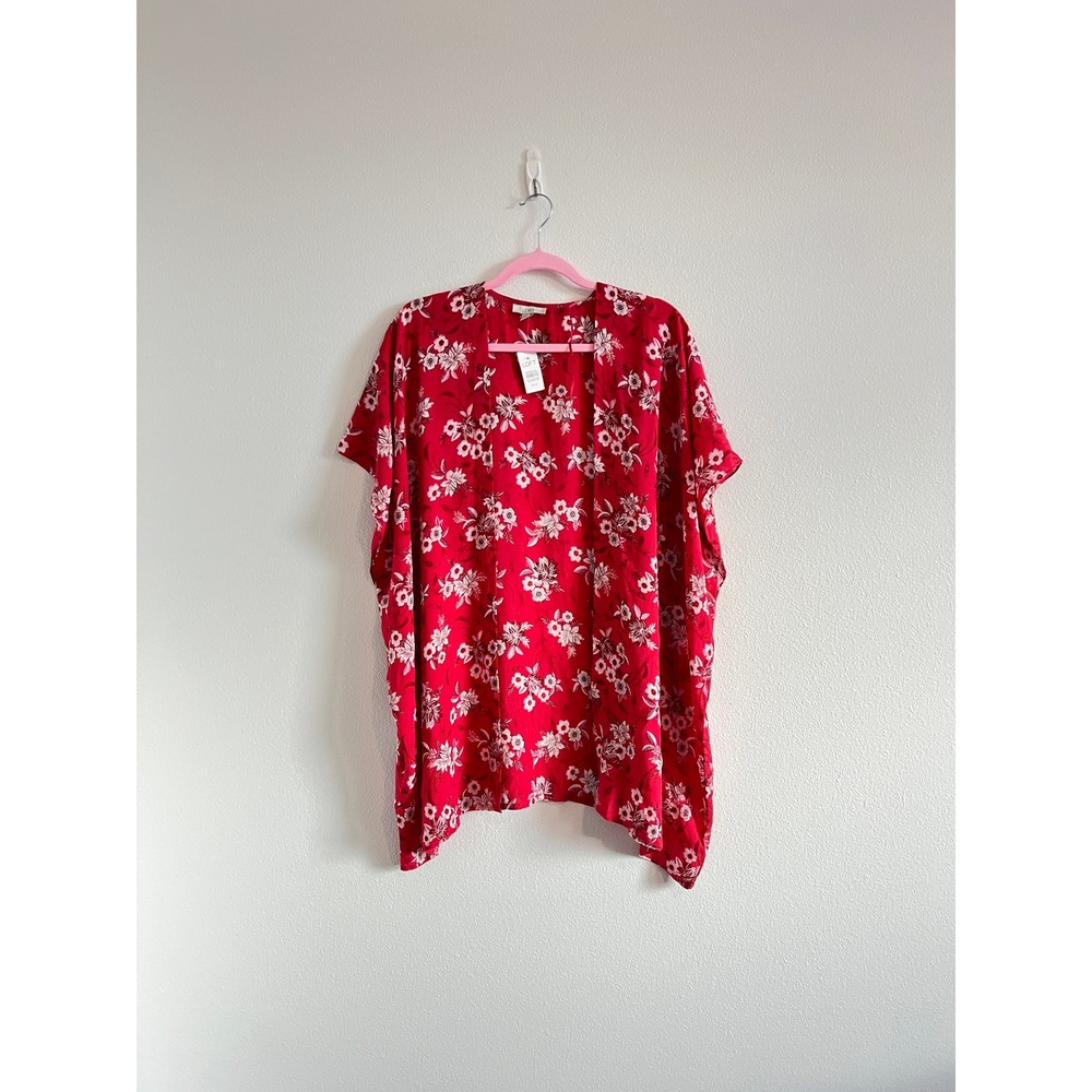 NWT LOFT Red Floral Short-Sleeve Open Front Zinnia Kimono Wrap XS/S Boho Chic